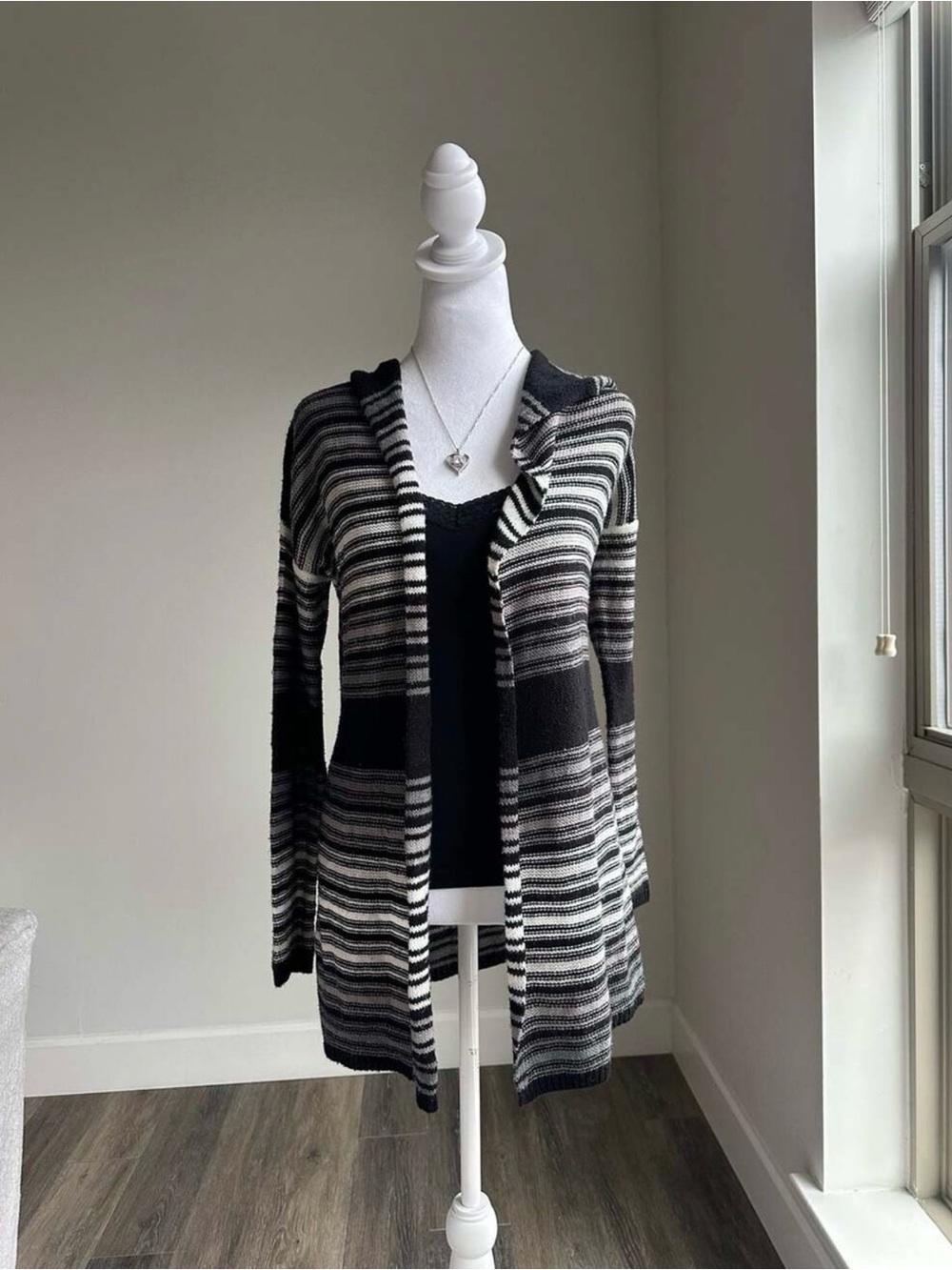 Say What Striped Open-Front Hooded Cardigan Sweater Black & White Size S